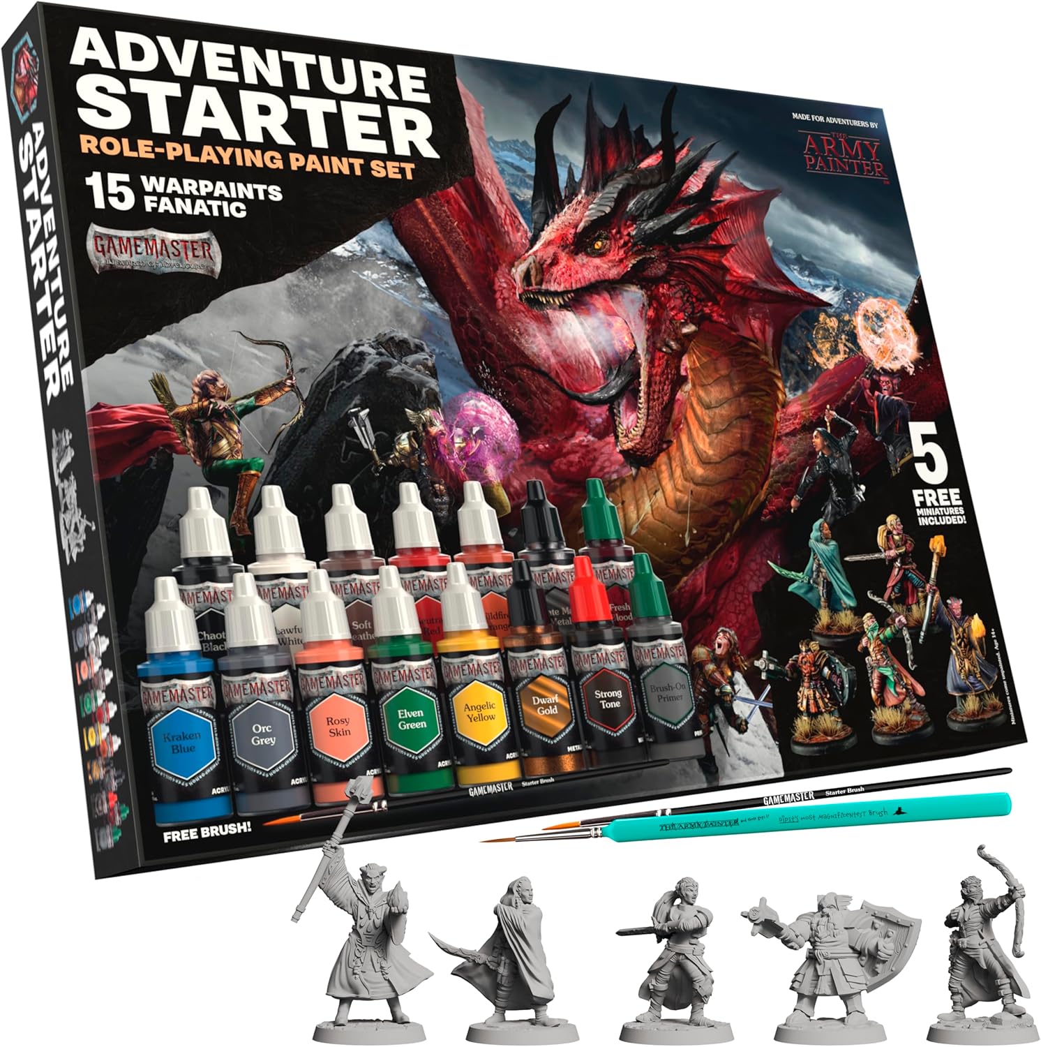 The Army Painter, GameMaster: Adventure Starter Role-playing Paint Set Combo, 15 x 18ml Warpaints Fanatic Acrylic paints, incl. a Brush-On Primer, 5 FREE Miniatures & 2 Brushes - For Warhammer & Dnd