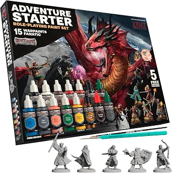 The Army Painter GameMaster Adventure Starter Role-Playing Paint Set Combo, 15 x 18 mL Warpaints Fanatic Acrylic Paints, incl. a Brush-On Primer, 5 x 32 mm Miniatures & 2 Brushes - for Warhammer & D&D