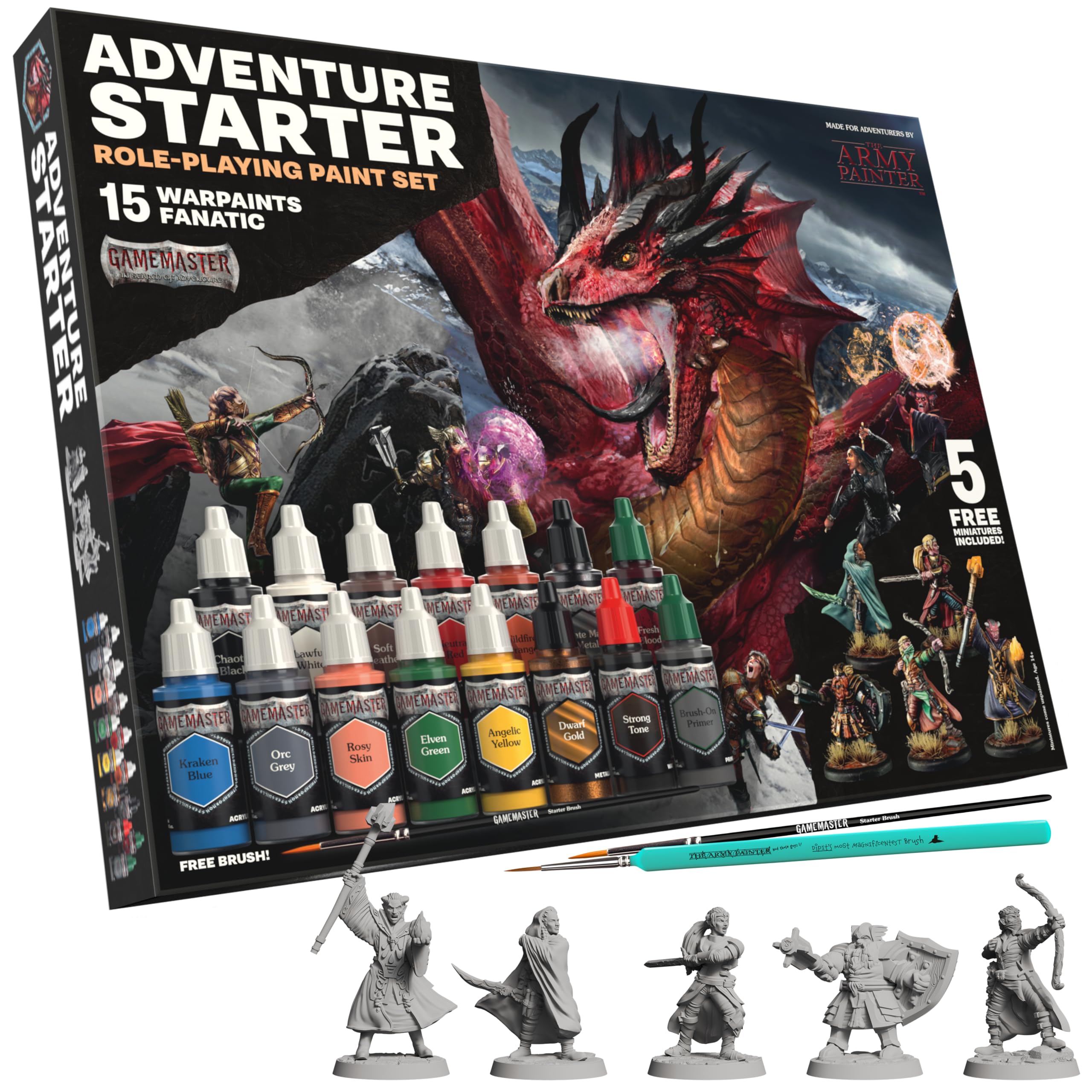 The Army Painter Adventure Starter Paint Set Gamemaster: Adventure Starter Role-Playing Paint Set Combo, 15 X 18Ml Warpaints Fanatic Acrylic Paints, Incl. A Brush-On Primer, 5 Free Miniatures & 2 Brushes - For Warhammer & Dnd