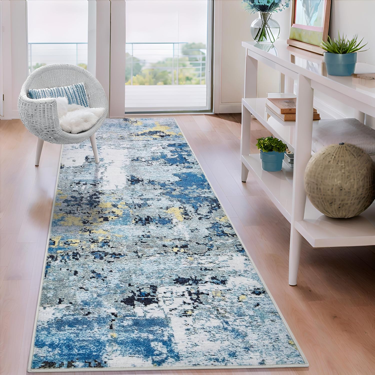 2x6 Runner Rugs for Hallways Kitchen Runner - Washable Runner Rug with Non Slip Rubber Backing, Soft Abstract Carpet Long Hallway Runners for Bedroom, Bathroom, Enterway(Blue)