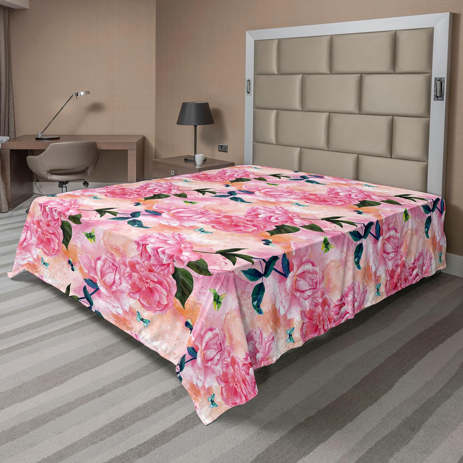 Ambesonne Spring Flat Sheet, Bold Peachy Petals with Blurry Shadows on Nature Inspired Backdrop, Soft Comfortable Top Sheet Decorative Bedding 1 Piece, Queen Size, Pale Rose and Fern Green