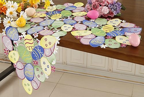 Miniatura 3 de Camino de mesa de Pascua con diseño de conejitos de primavera huevos flores bordado floral y conejos huevos tocador bufanda decoración de mesa para