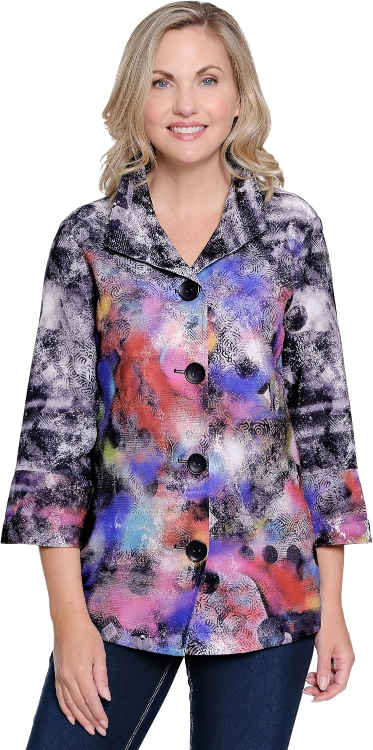 Ali Miles Womens Clothing | Woven Button Front Jacket for Women| Wire Collar 3/4 Sleeves Womens Jacket