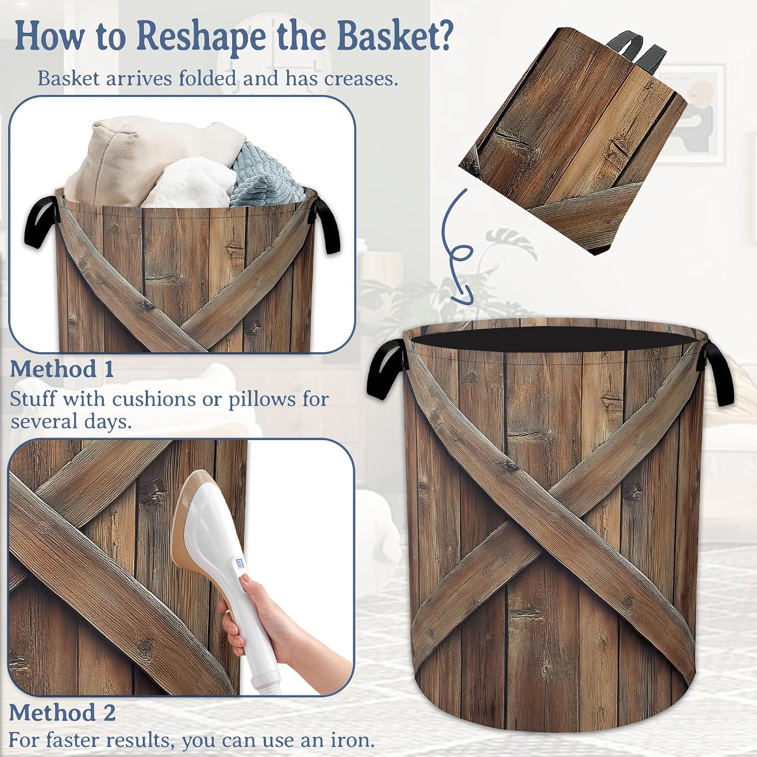 Vintage Barn Door Laundry Hamper With Handle,Foldable Oxford Cloth Wooden Laundry Basket,20.8"x16" Clothes Storage Basket for Laundry Room/Bedroom/Bathroom