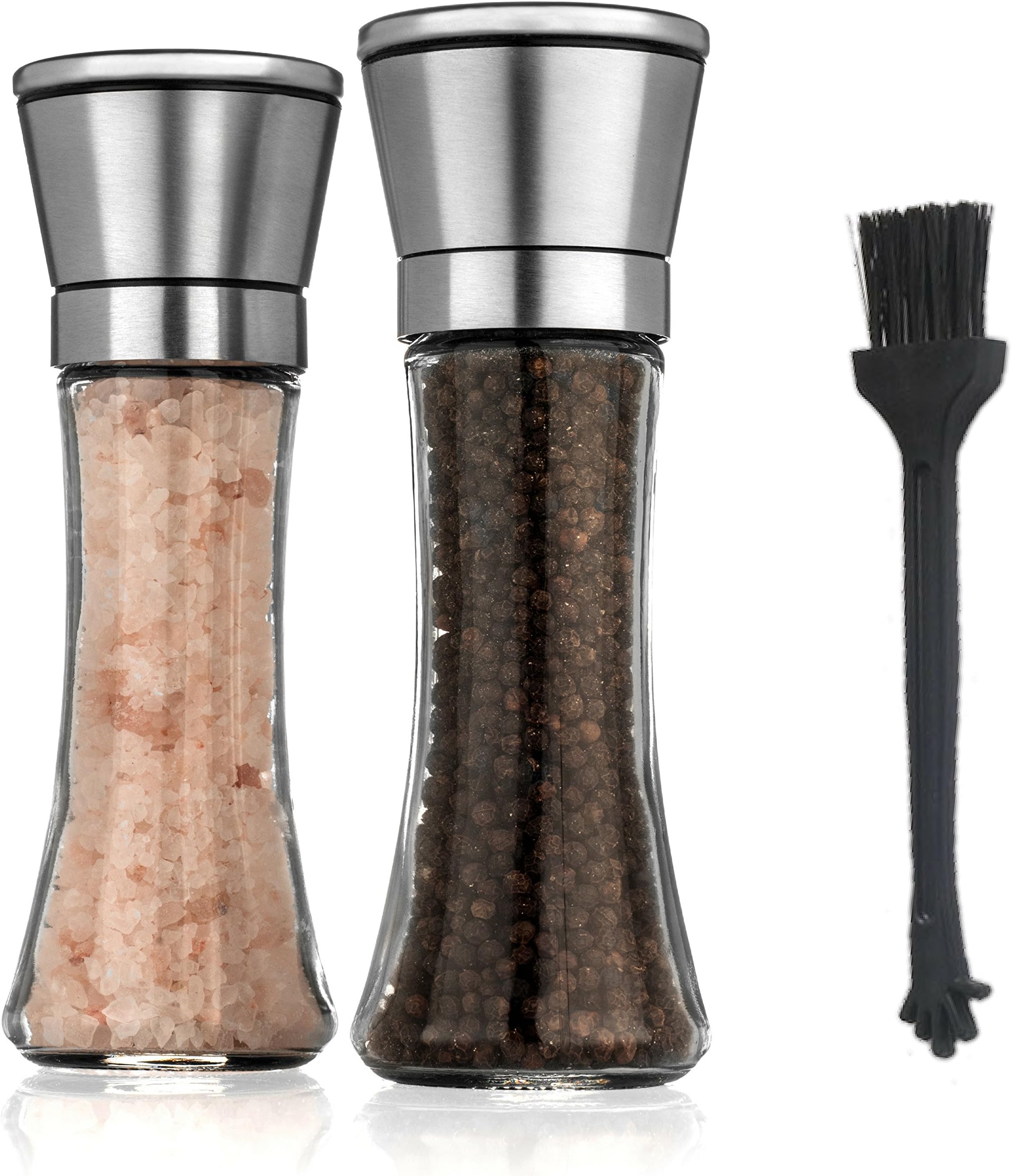 ZaraLuxe Salt And Pepper Grinder Set | Stainless Steel Salt And Pepper Shakers w/Tall Glass Body & Adjustable Coarseness Ceramic Rotor | Easy To Refill & Clean | Premium Salt Pepper Mill (Set Of 2)