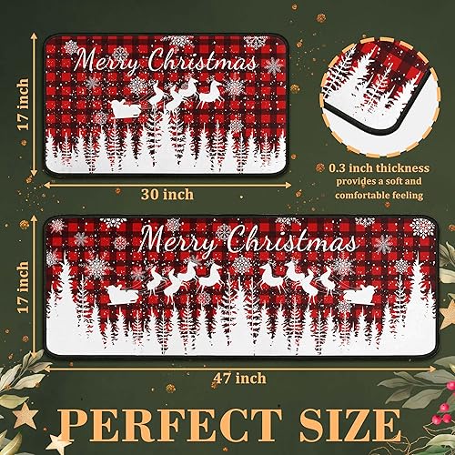 Miniatura 2 de Juego de 2 alfombras de cocina de búfalo con diseño de árboles de Navidad, copos de nieve, color rojo, para fiestas de invierno y vacaciones,