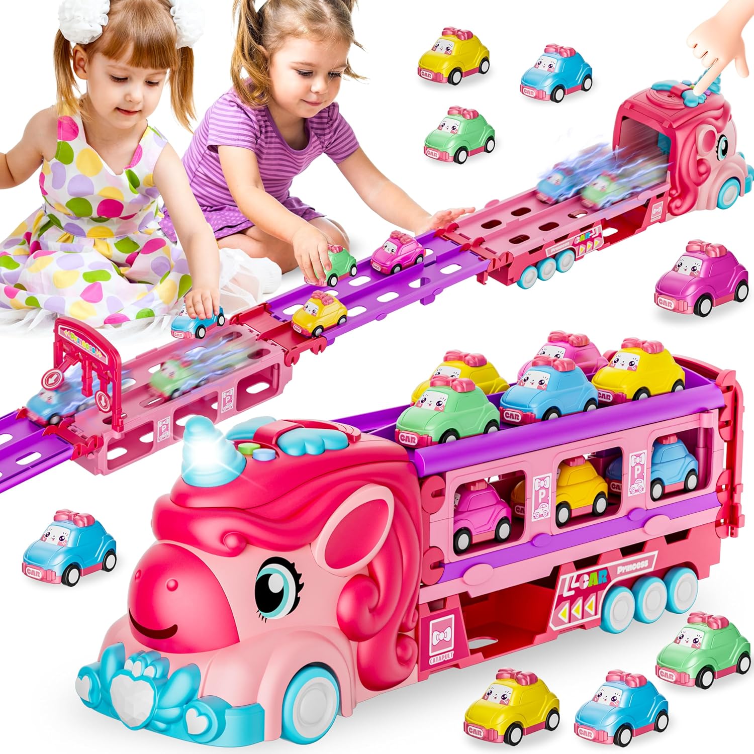 Unicorn Car Toys for 1-3 Girls, Unicorn Transport Truck Track Set W/Light & Sound, Friction Power Toy Cars W/ 6 Princess Cars, Foldable Track & Race Mode, Birthday Gift Idea for 2-4 5 6+ Toddler Kids.