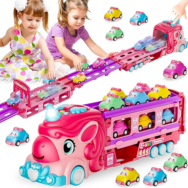 Funwee Unicorn Car Toys for 2 3 4 5 6 7 Year Old Toddler Girls,Princess Carrier Truck with Sound & Lights,2 Player Race Mode Foldable Track Pink Car Toys,Birthday Gift Idea for Kids