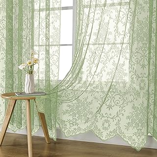 WUBODTI Sage Green Lace Curtains with Valance 63 Inches Long 2 Panels, Rod Pocket Vintage Victorian Semi Sheer Embroidered Floral Short Window Treatments Home Decor for Bedroom, Kids Room - Buy now