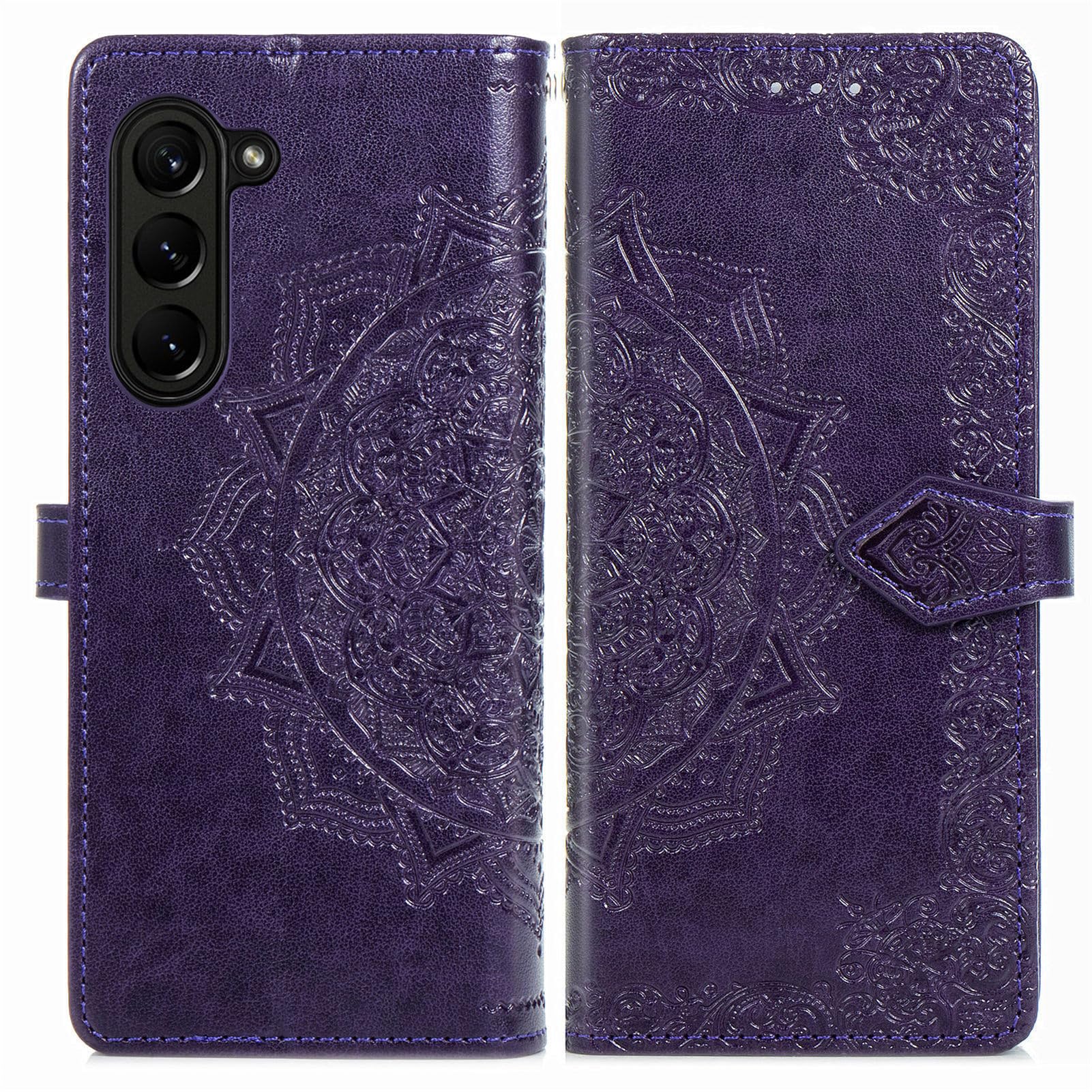 Etui z klapką do Samsung Galaxy Z Fold 5, portfel etui, retro skóra PU, wytłoczone kwiaty, etui folio na karty kredytowe, fioletowy