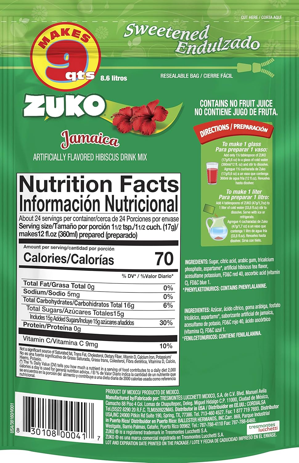 Zuko Jamaica Instant Powder Drink Family Pack, 14.1 oz, Pack of 6