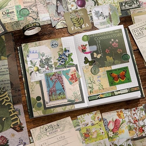 Miniatura 7 de Scrapbooking Supplies Kit, Vintage Botanical Aesthetic Scrapbook Kit for Bullet Junk Journal, Stationery, A6 Grid Notebook, Flower DIY Journaling