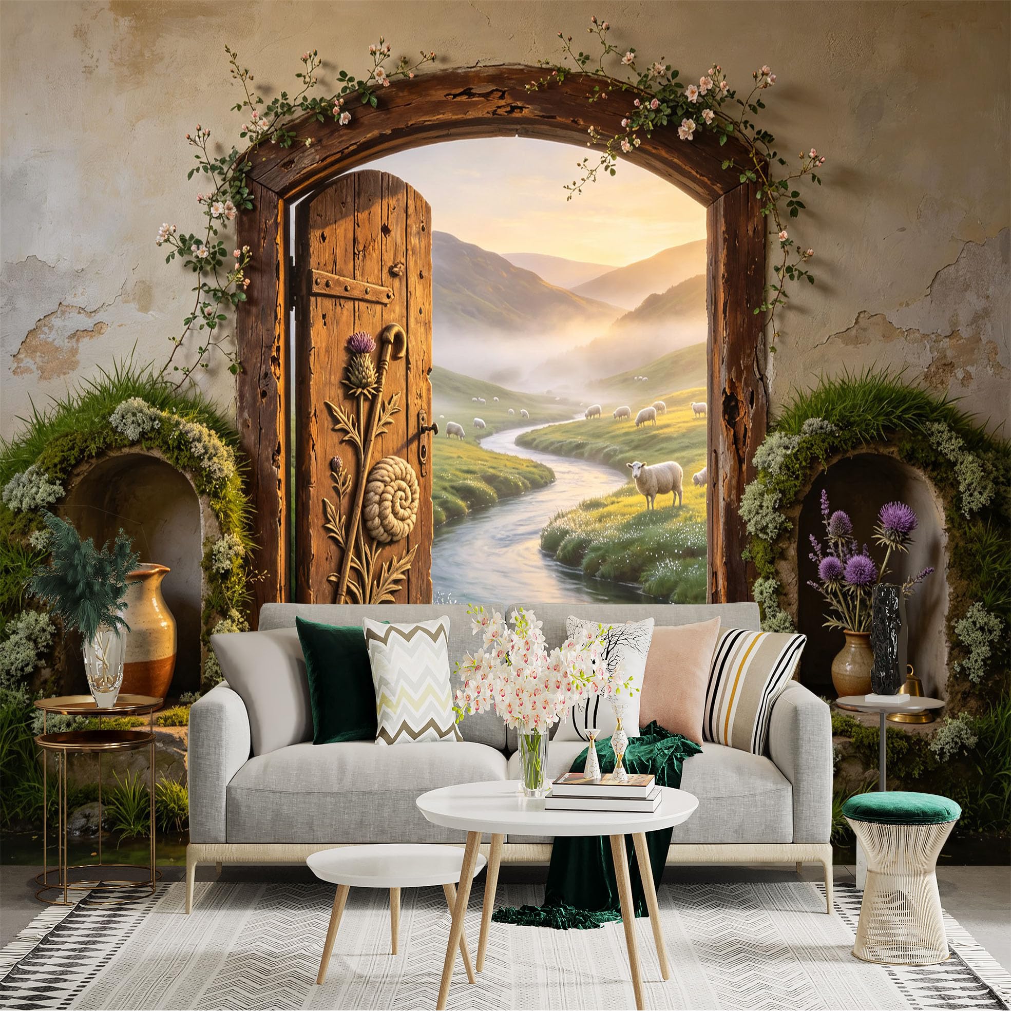 Custom Size Wall Sticker Mural， Rustic Wooden Door， River Valley， Sheep Meadow， Cottage Landscape， for wall Decoration， peelandstick wall Decals.