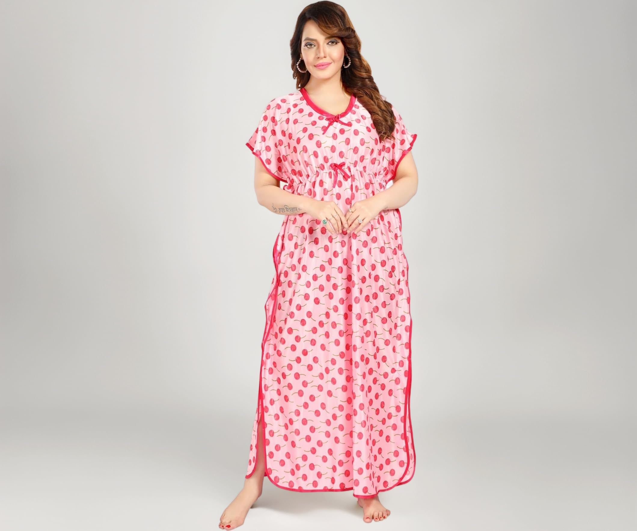 Fabme Women's Printed Satin Kaftan Nighty, Maxi