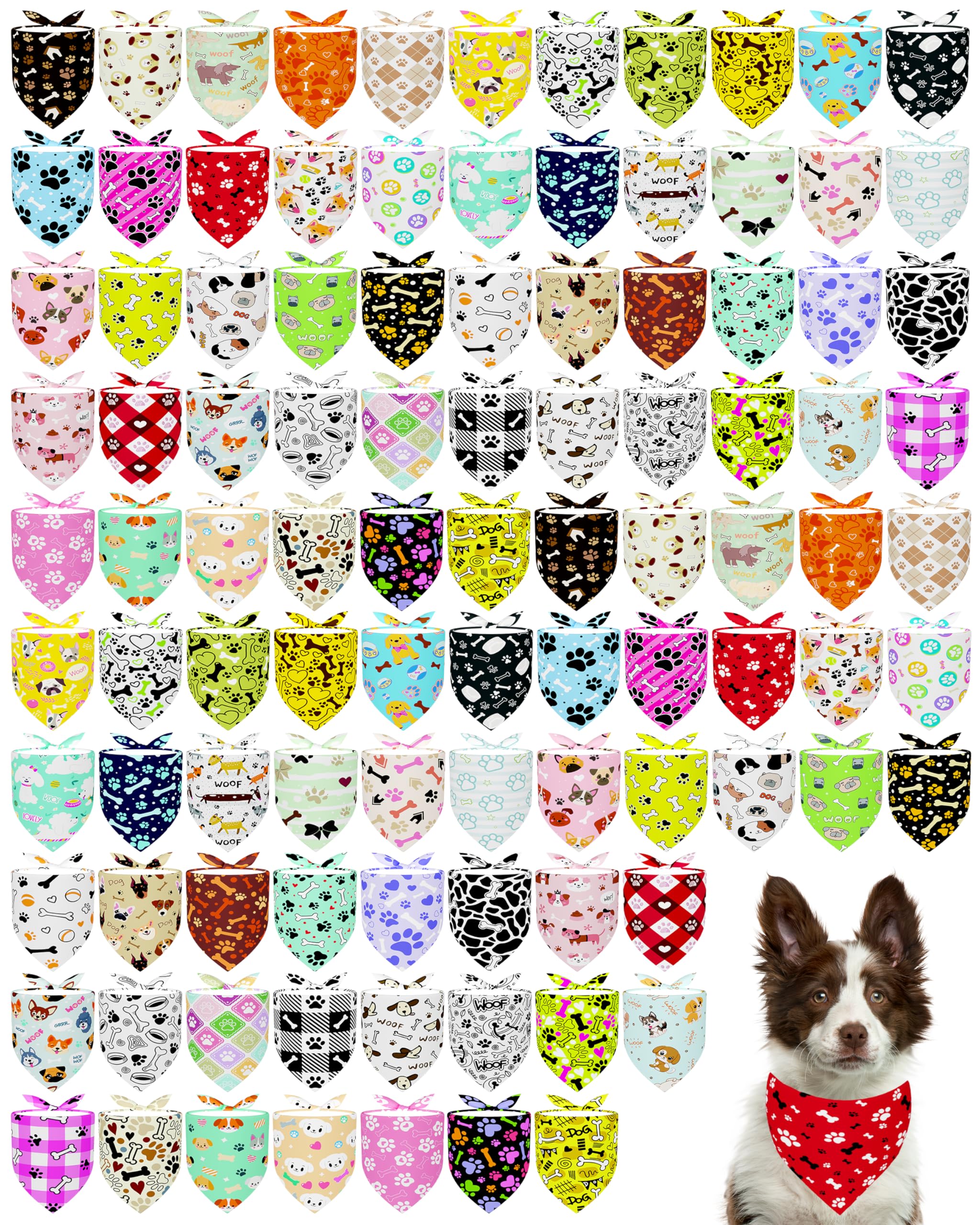 PET SHOW Lot de 100 bandanas XL pour chien en vrac sans coutures pour chiens de très grande taille, lavables, motif empreintes de pattes, bavoirs triangulaires, foulards de toilettage pour fille et