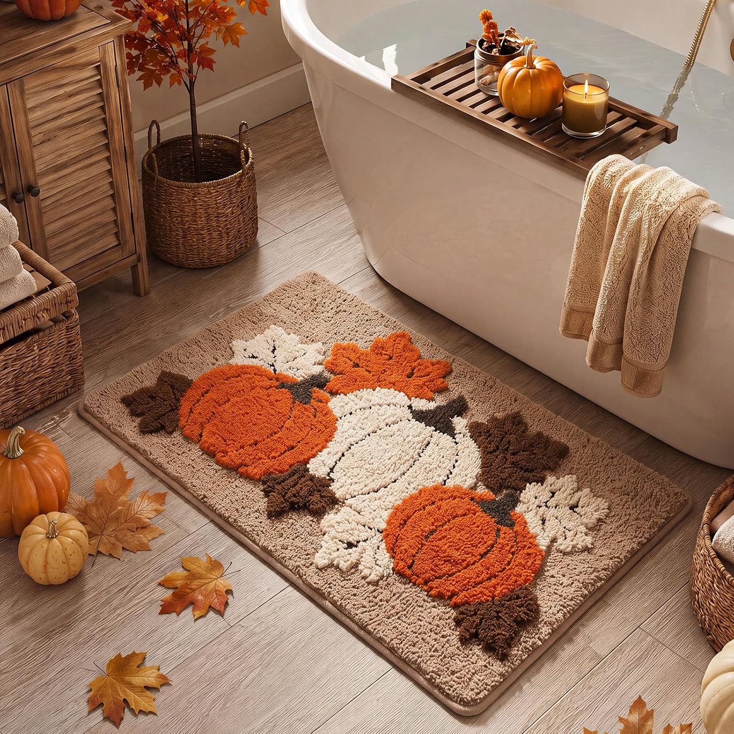Lyrow Fall Bathroom Rug with 3D Raised Plush Pumpkin Maple | 31''x20'' Absorbent, Non Slip, Washable Bath Mat, Soft Funny Pumpkin Shower Rug for Autumn Thanksgiving Bathroom Decor Gift