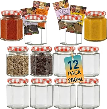 Offer Shop Glass Jam Jars with Red Gingham Lid & Labels with 4 SPICES- 280ml Hexagonal Storage Glass Jars | Food-grade, BPA-free Airtight seal for Spices Honey- 12 PACK
