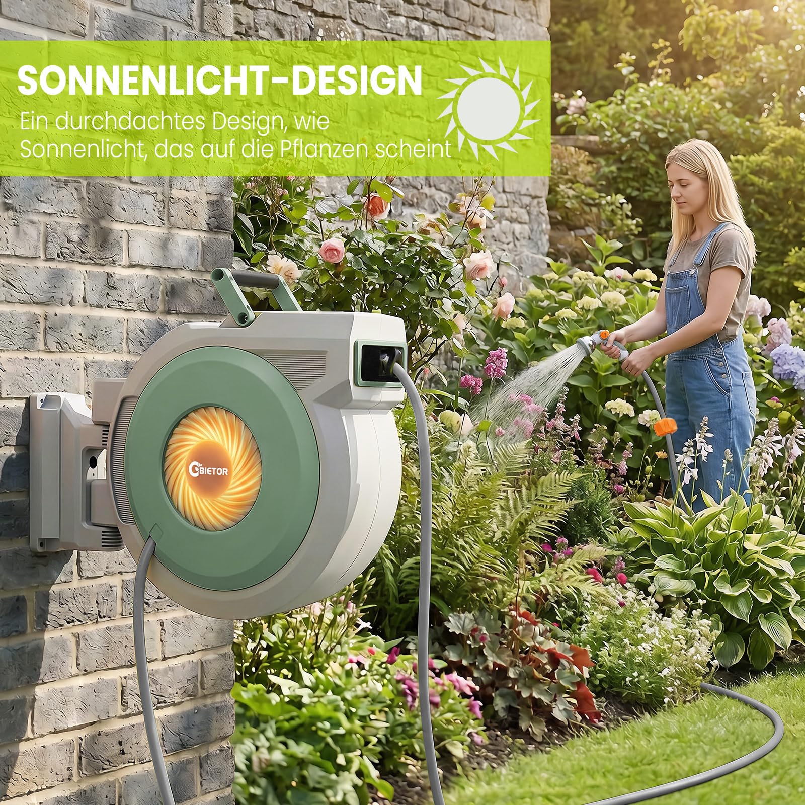 Schlauchtrommel Wasser40m + 2m, 180° Schwenkbar Wand-Schlauchbox, Automatischer Gartenschlauch trommel mit 10-Funktionen Gartenbrause für Gießen Autowaschen