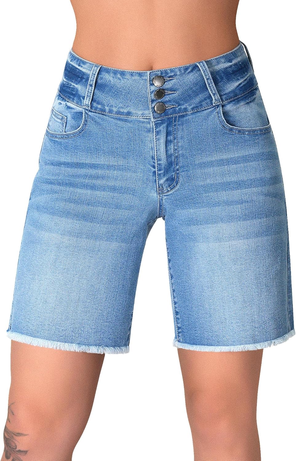 roswear Women's Stretchy Wide Leg High Waisted Frayed Hem Long Jean Shorts - Image 3