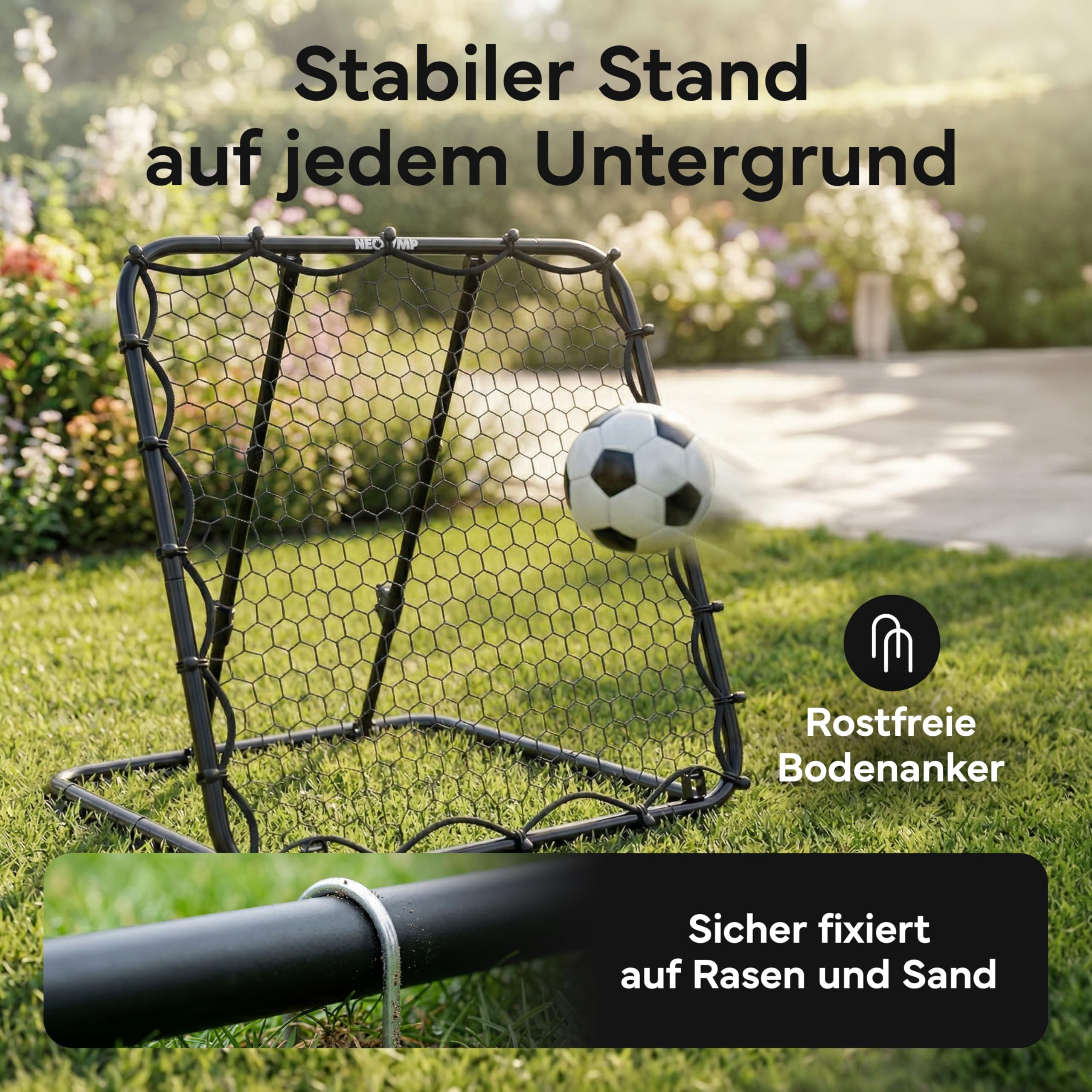NEOLYMP Rebounder für Fußball – Stufenlos verstellbar für intensives Training, robuster Metallrahmen – Ideal für Kinder, Jugendliche & Vereine – Fußball Trainingszubehör für drinnen und draußen