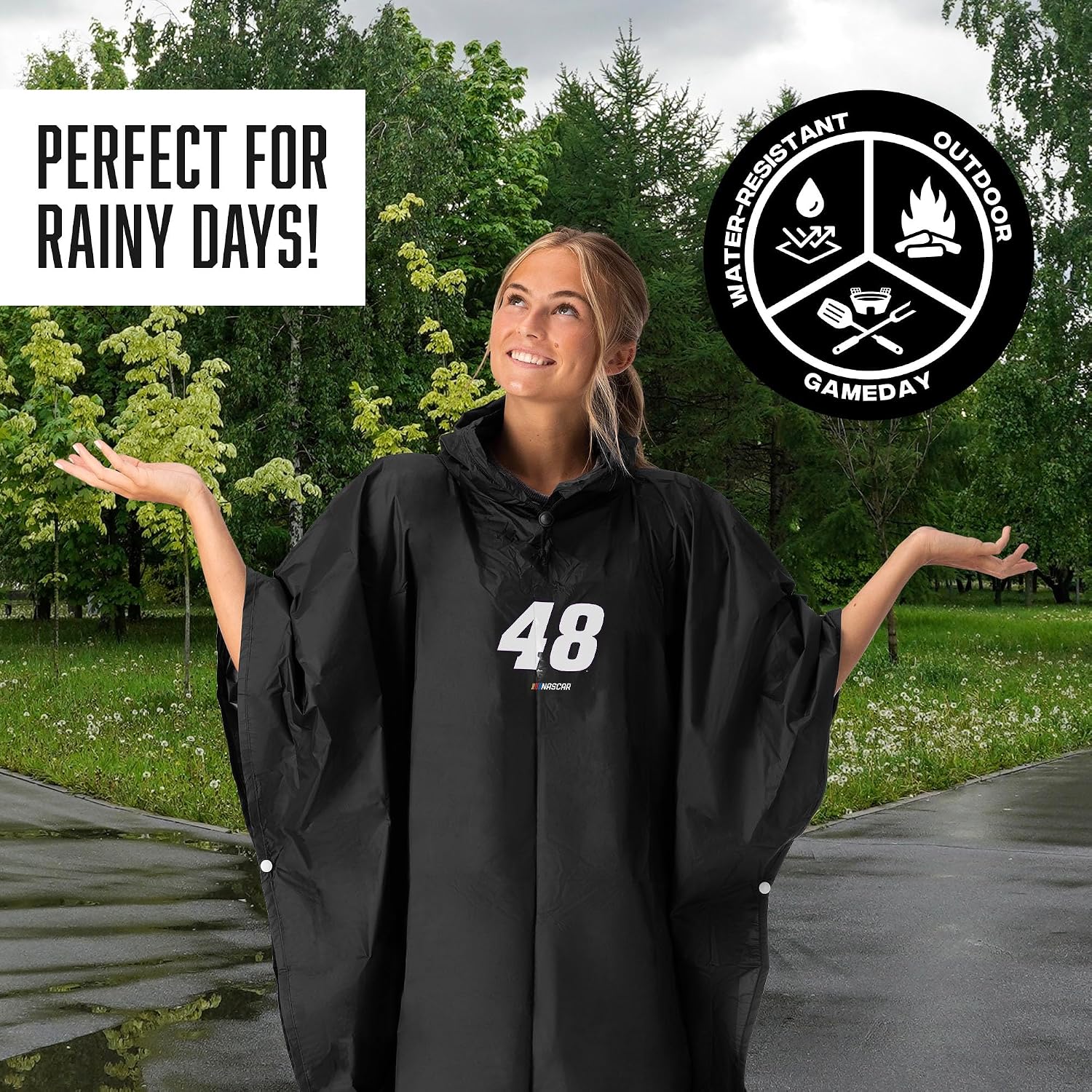 Northwest NASCAR Rain Poncho, Water Resistant Hooded Pullover with Mesh Bag, Lightweight Adult Stadium Gear, 44 x 49 in