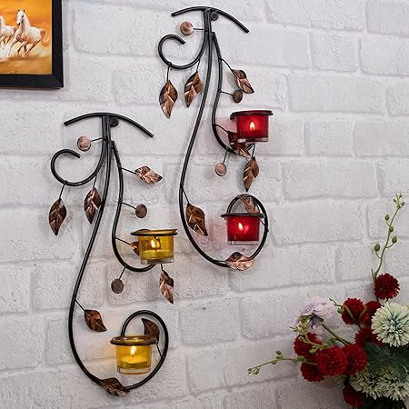 Homesake® Wall Hanging Leafy Vine Candle Stand, Wall Sconce with Red and Yellow Glass and Candles at Rs. 899