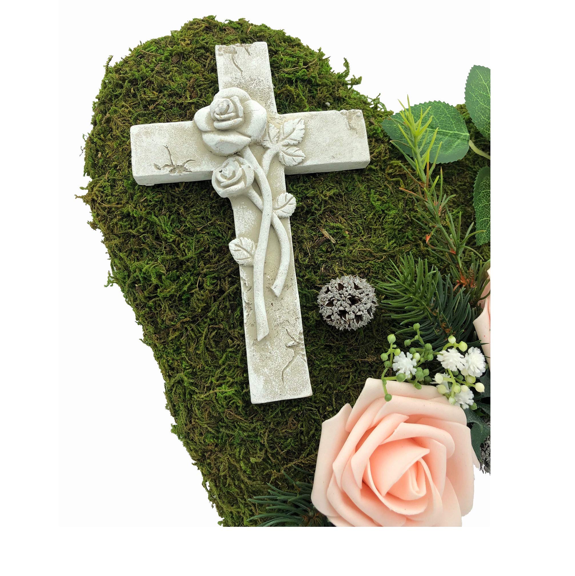 Grabgesteck Grabschmuck Grabaufleger Moosherz Grabherz Trauerherz Grab Herz Gesteck Rosen mit Kreuz (Rosen Rosa)