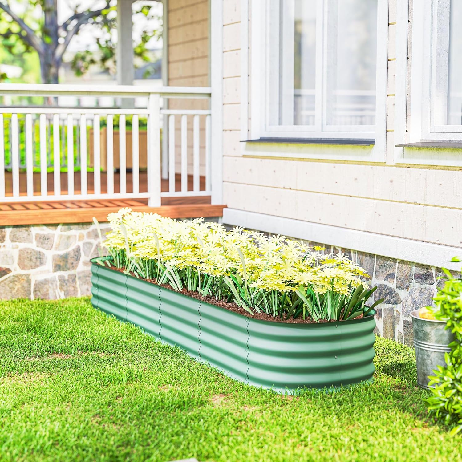 Outsunny 8' x 2' x 1' Galvanized Raised Garden Bed Kit, Outdoor Metal Elevated Planter Box with Safety Edging, Easy DIY Stock Tank for Growing Flowers, Herbs & Vegetables, Green