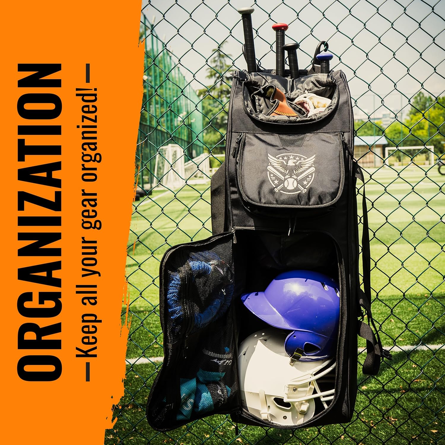Baseball Catcher's Gear Bag with Wheels and Multiple Pockets to Hold Cleats, Bats & Baseball Gloves, Breathable Rolling Ripstop Backpack with Fence Hook. - Image 7