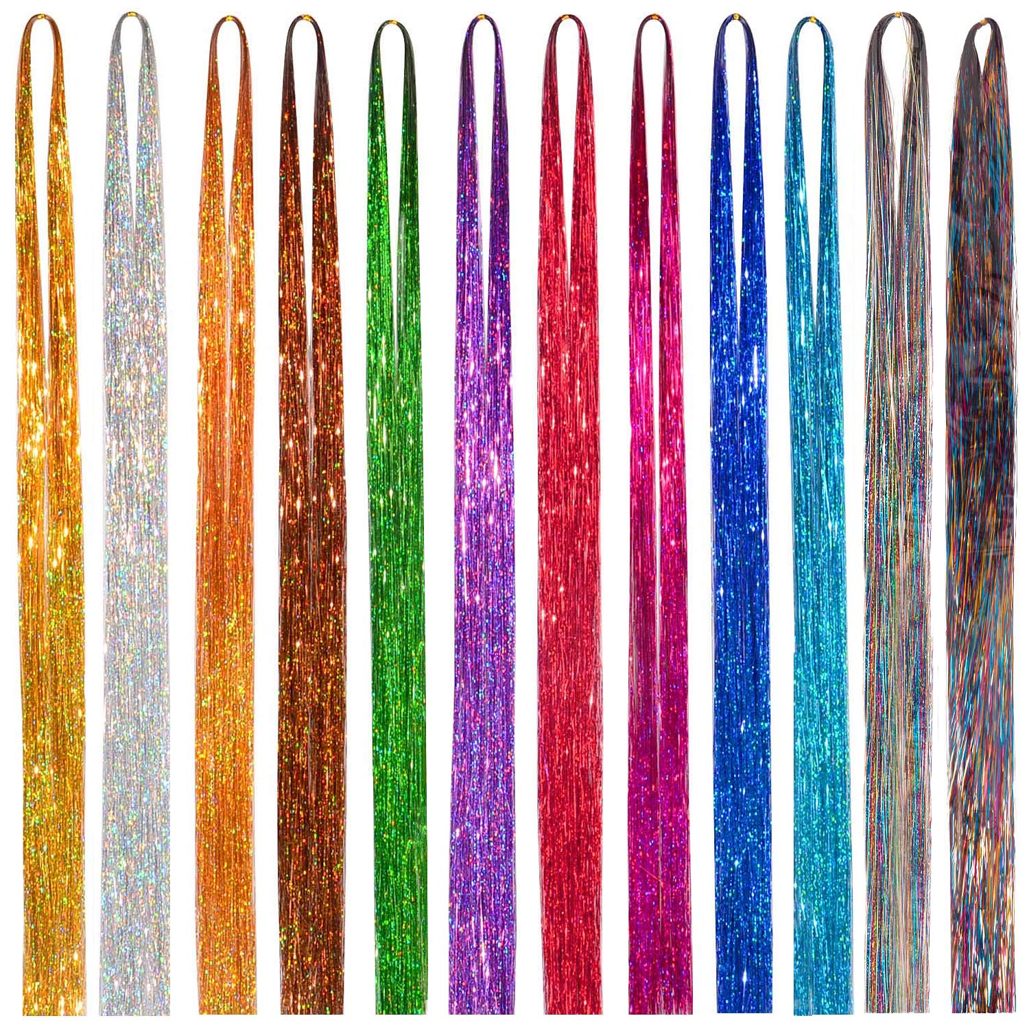 Noverlife 12 Colors Shiny Sparkle Hair Tinsel, 47in/120cm Braiding Hair Shimmers Hair Blings Hair Dazzle Tassels Fairy Hair Strings Ribbons Highlights Glitter Hair Extensions for Hair Styling Dressup