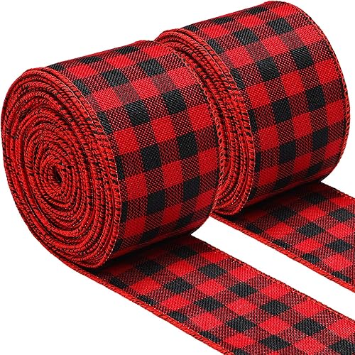 Boao 2 rollos de cinta de Navidad con alambre de búfalo rojo y negro de 2.5 pulgadas de ancho para envolver regalos de corona de árbol de Navidad,
