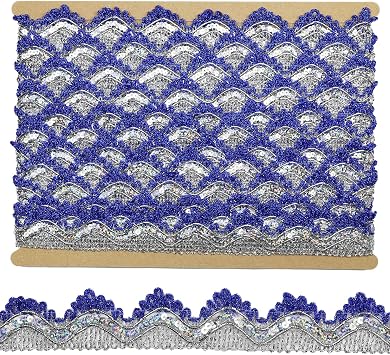 Long 14 Yard Wide 35mm/1.37inch Blue Silver with Silver Sequins lace Trim Decorated Craft Ribbon for DIY Craft Sewing Fabric