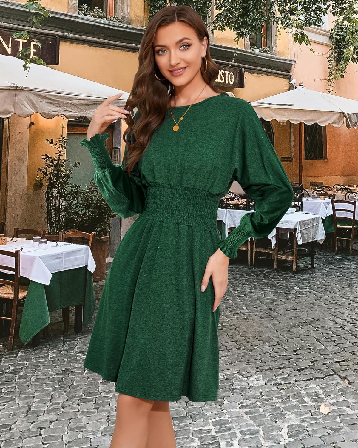 Women's Summer Long Sleeve Casual Dresses with Pockets Smocked Ruched Empire Waist Knee Length Dress Beach Sundress - Image 2