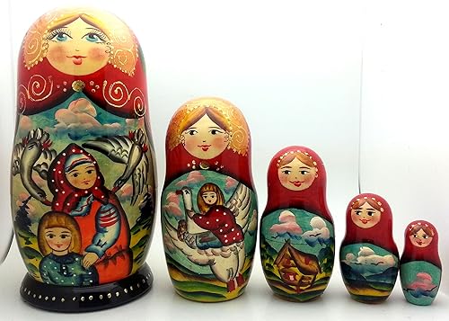 Miniatura 2 de Juego de 5 muñecas rusas talladas a mano pintadas a mano, juego de 5 piezas de cisne y gansos, juego de apilamiento de cuento de hadas de 7 pulgadas