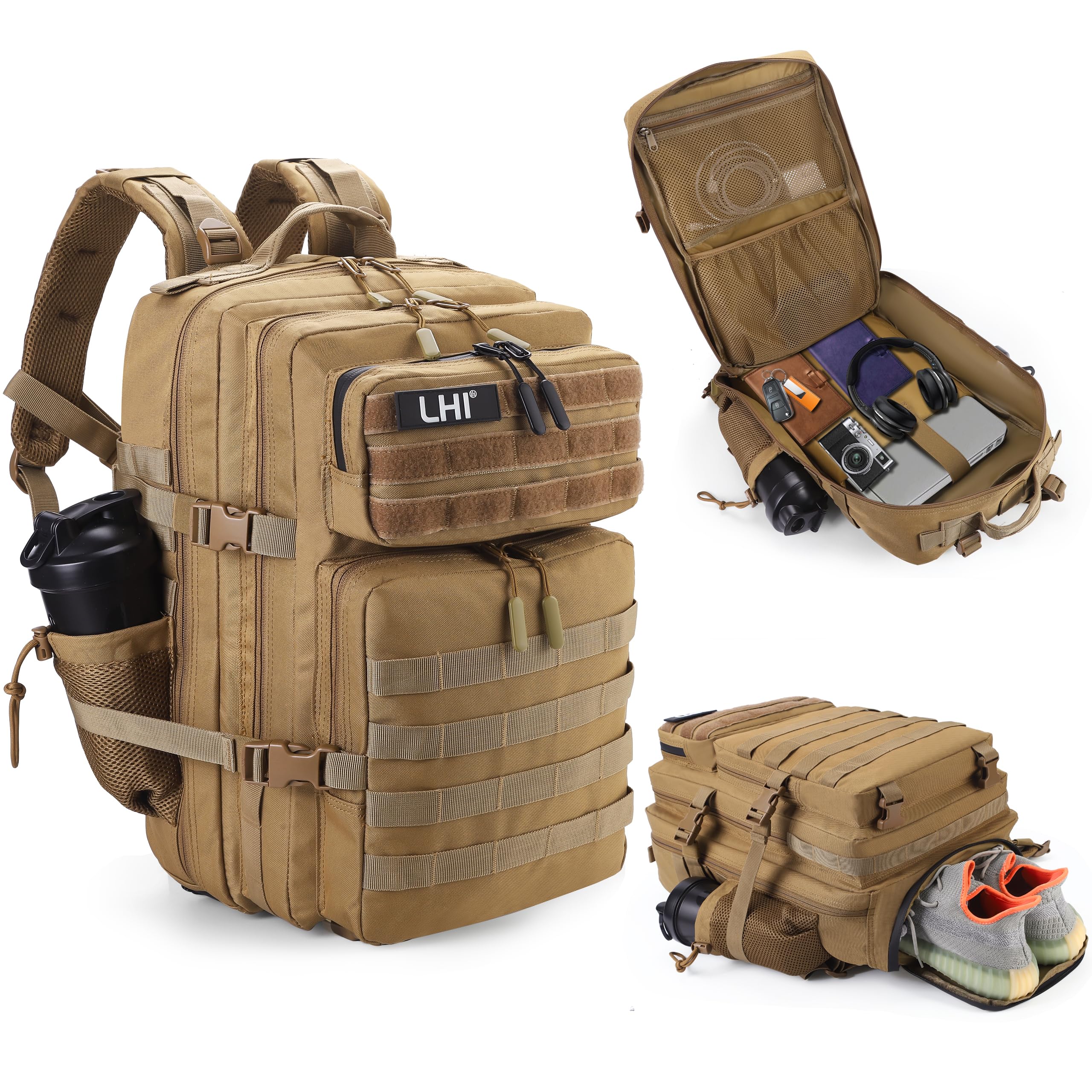 LHI Military Tactical Backpack for Men and Women 45L Army 3 Days Assault Pack Bag Large Rucksack with Shoe Compartment