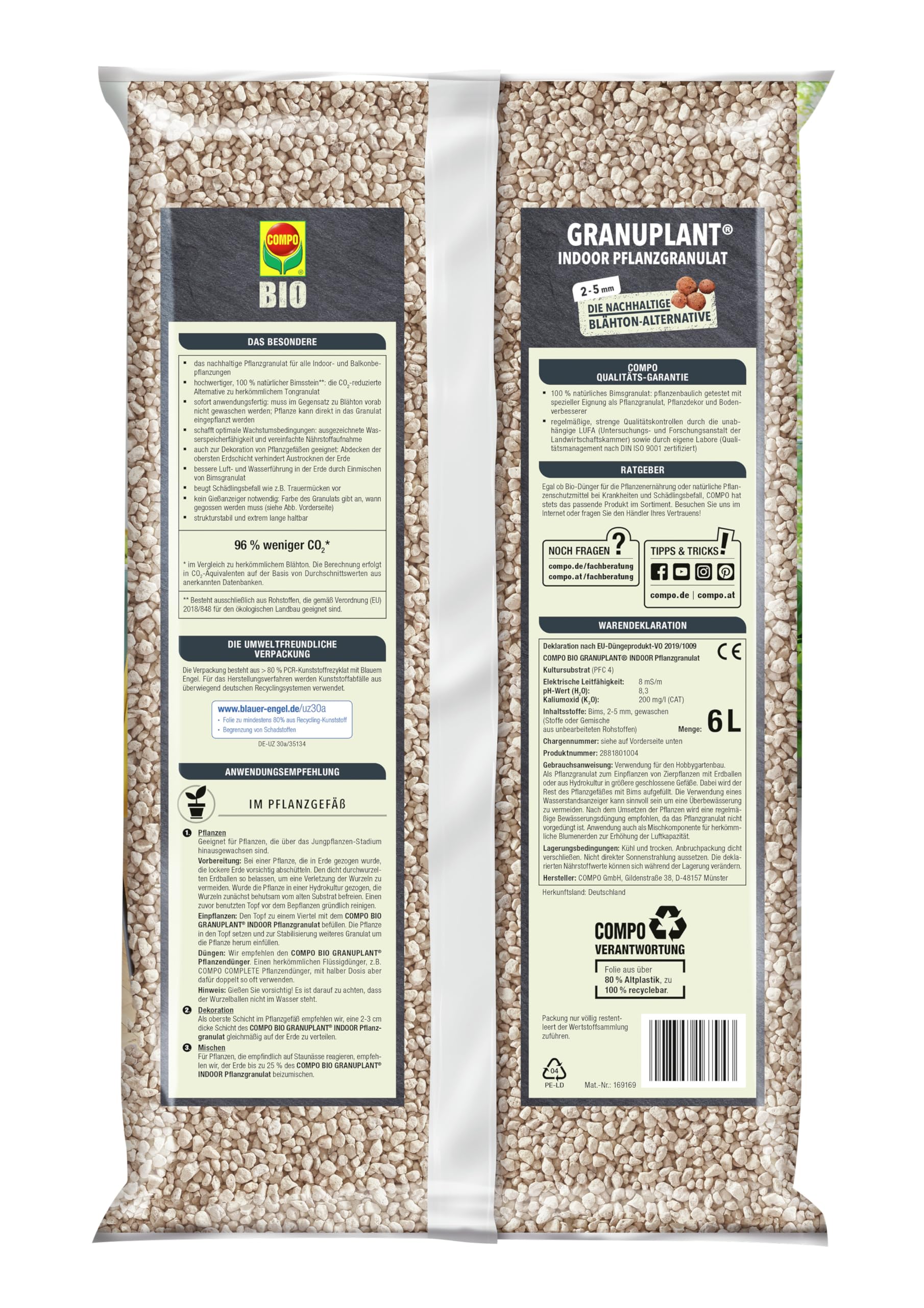COMPO Gránulos orgánicos para Plantas de Interior – 100% Natural de Piedra pómez – Grano de 2 – 5 mm – 6 L