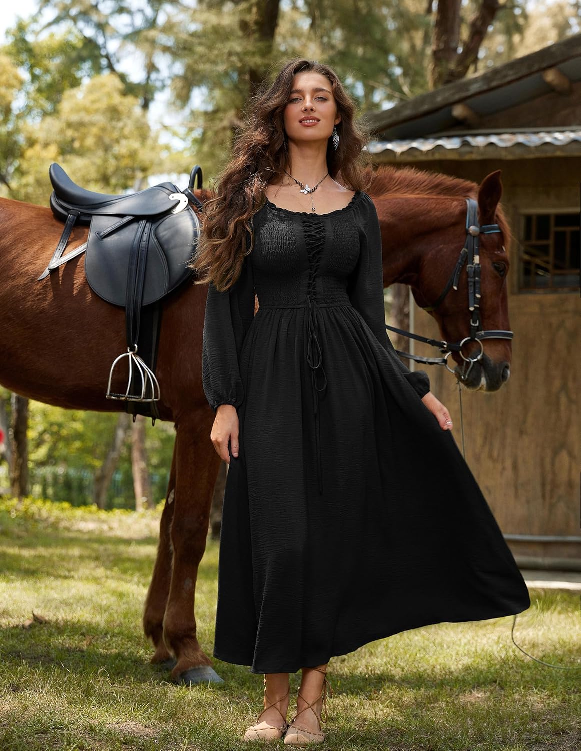 Scarlet Darkness Renaissance Dress Women Long Sleeve Cottagecore Smoked Dress with Pockets - Image 8