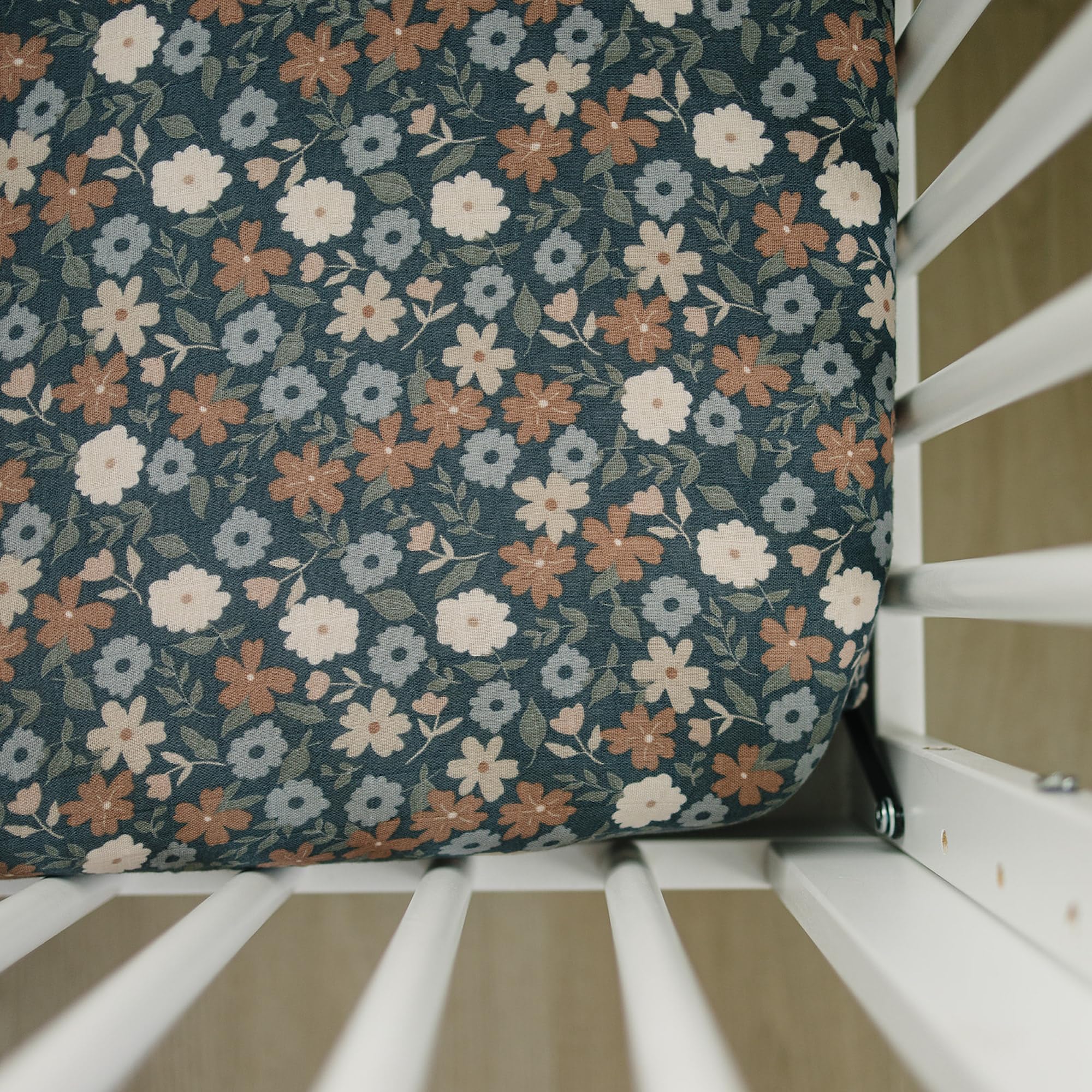 Midnight Floral Muslin Crib Sheet by Mebie Baby, Soft and Breathable Bed Sheets for Babies, Modern Neutral Bedding for Cribs, Standard Crib Mattress Fitted Sheet, Great for Boy or Girl Room or Nursery