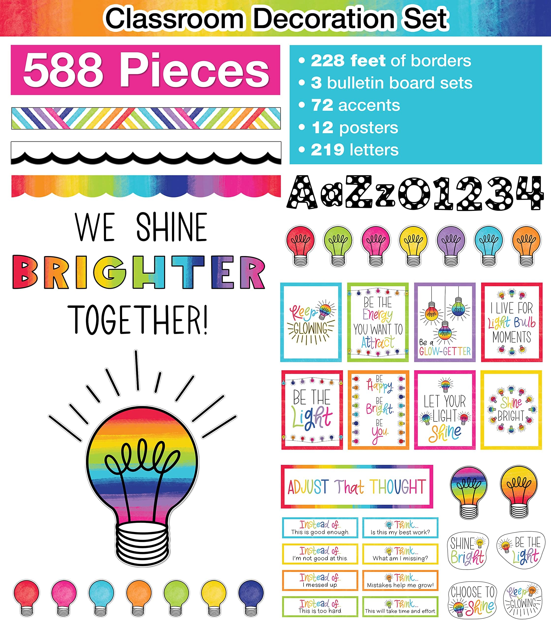Schoolgirl Style Light Bulb Moments Classroom Decor Bundle, Classroom Calendar, Growth Mindset Bulletin Board Sets, Bulletin Board Border, Cutouts, Nameplates, Motivational Poster Pack (588 pc)