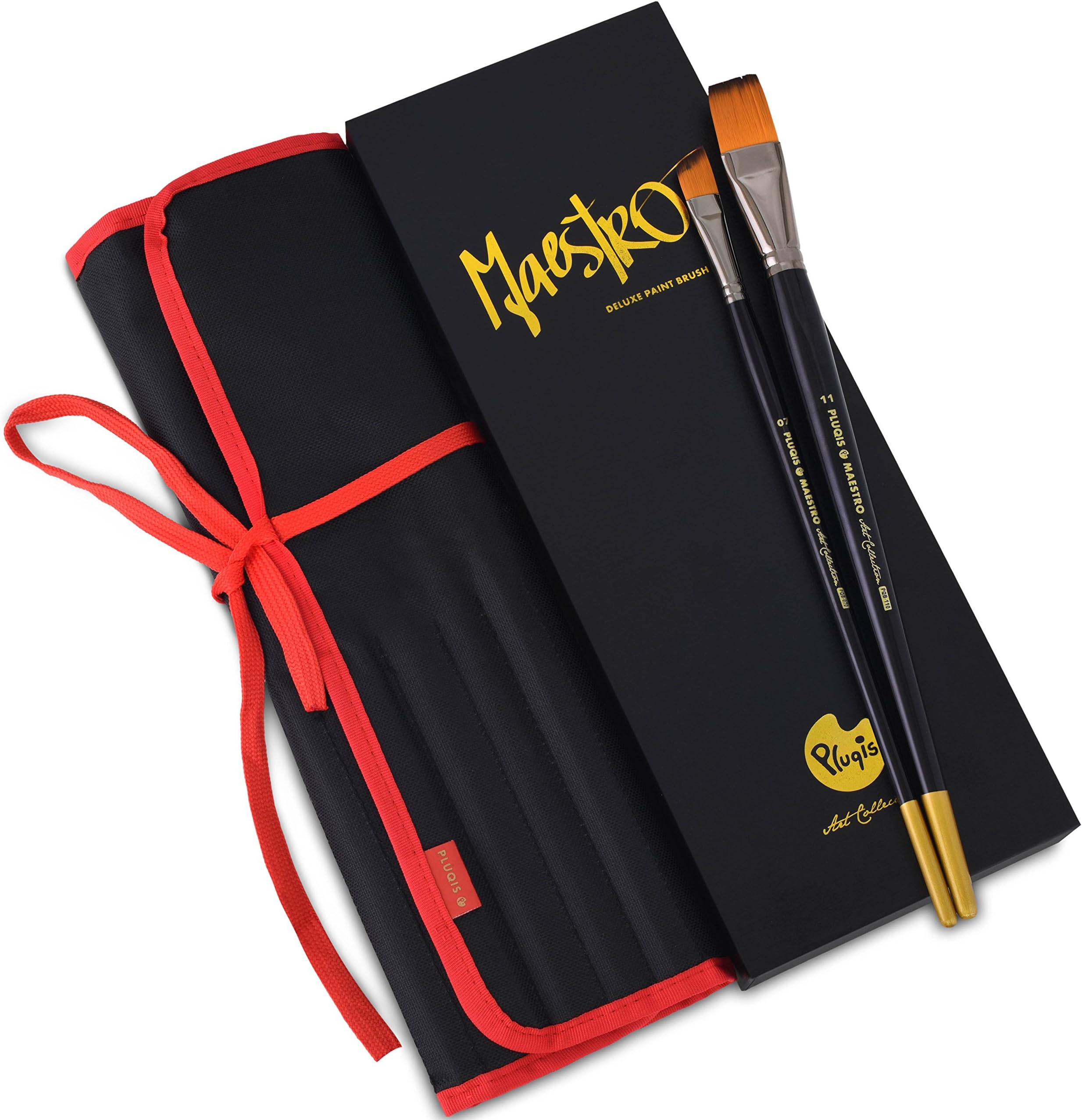 Pluqis Maestro Fine Art Premium Paint Brushes, Set of 15 Sizes | Perfect for Watercolor, Acrylic, Oil and Face Painting | Long Handle with Bonus Pouch and Gift Box