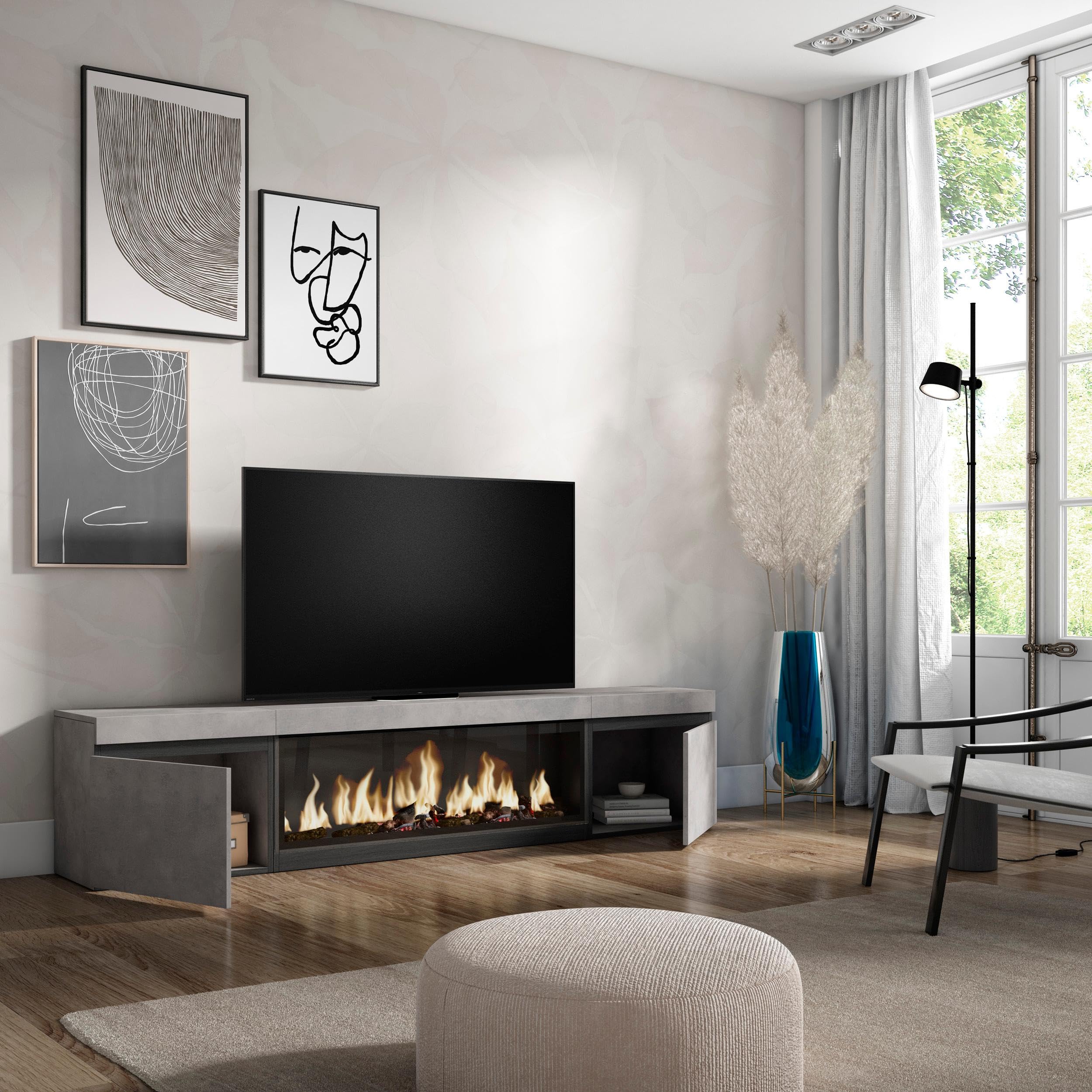 Skraut Home | Mobile TV Soggiorno | Ampio spazio a disposizione | 210 | Per TV fino a 80" | Camino elettrico XXL | Stile moderno | Cemento