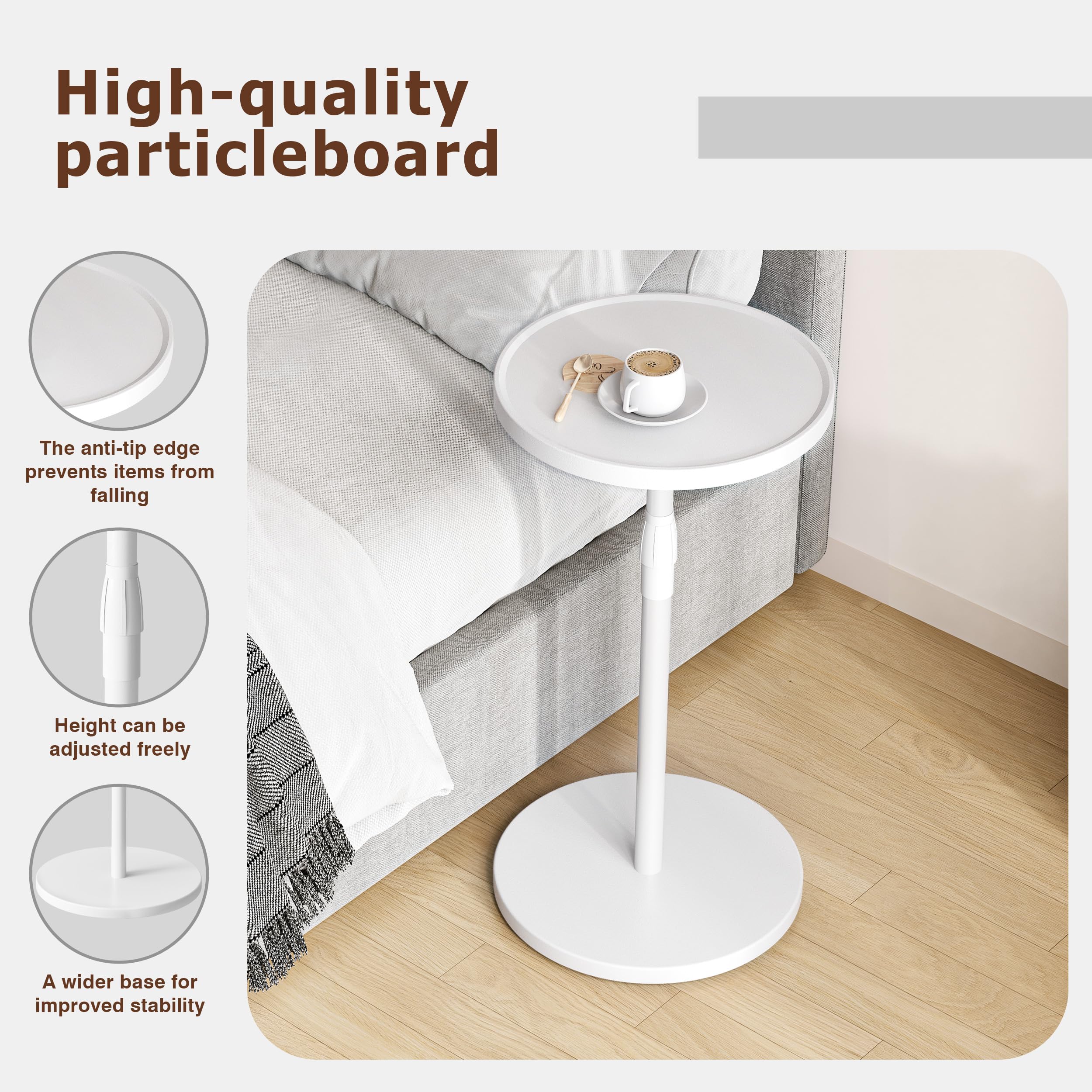 Kleiner Beistelltisch Rund Weiß Modern Elegant ET010WW | Höhe Verstellbar,Robuster Stabiler Beistelltisch Couch,Nchttisch Aus Holz Und Eisen,Für Wohnzimmer Schlafzimmer