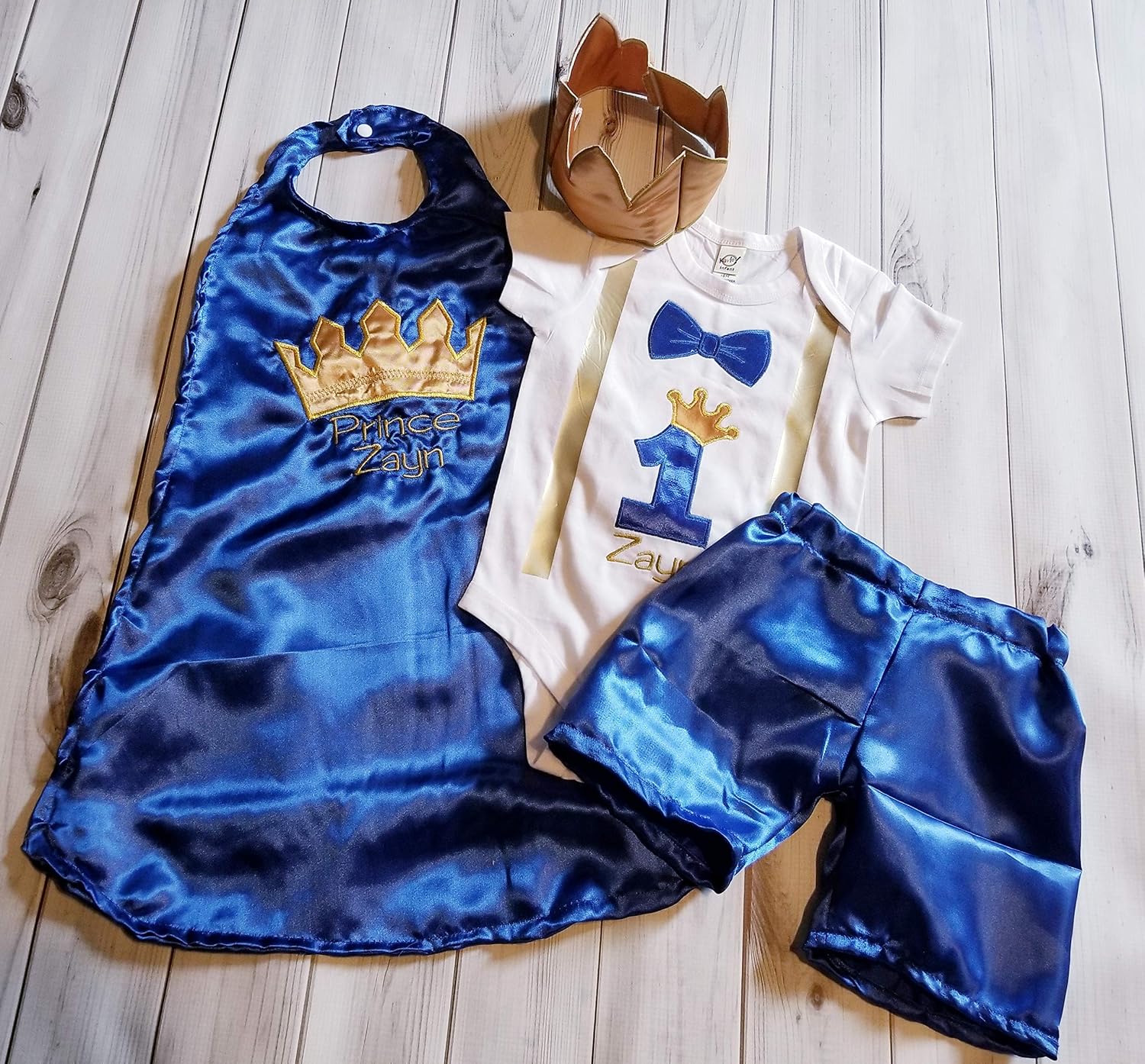 Royal 1st 2nd Birthday Outfit Set – White Appliquéd Onesie, Personalized Satin Cape, Matching Diaper Cover & Crown Hat – KING or PRINCE image 3