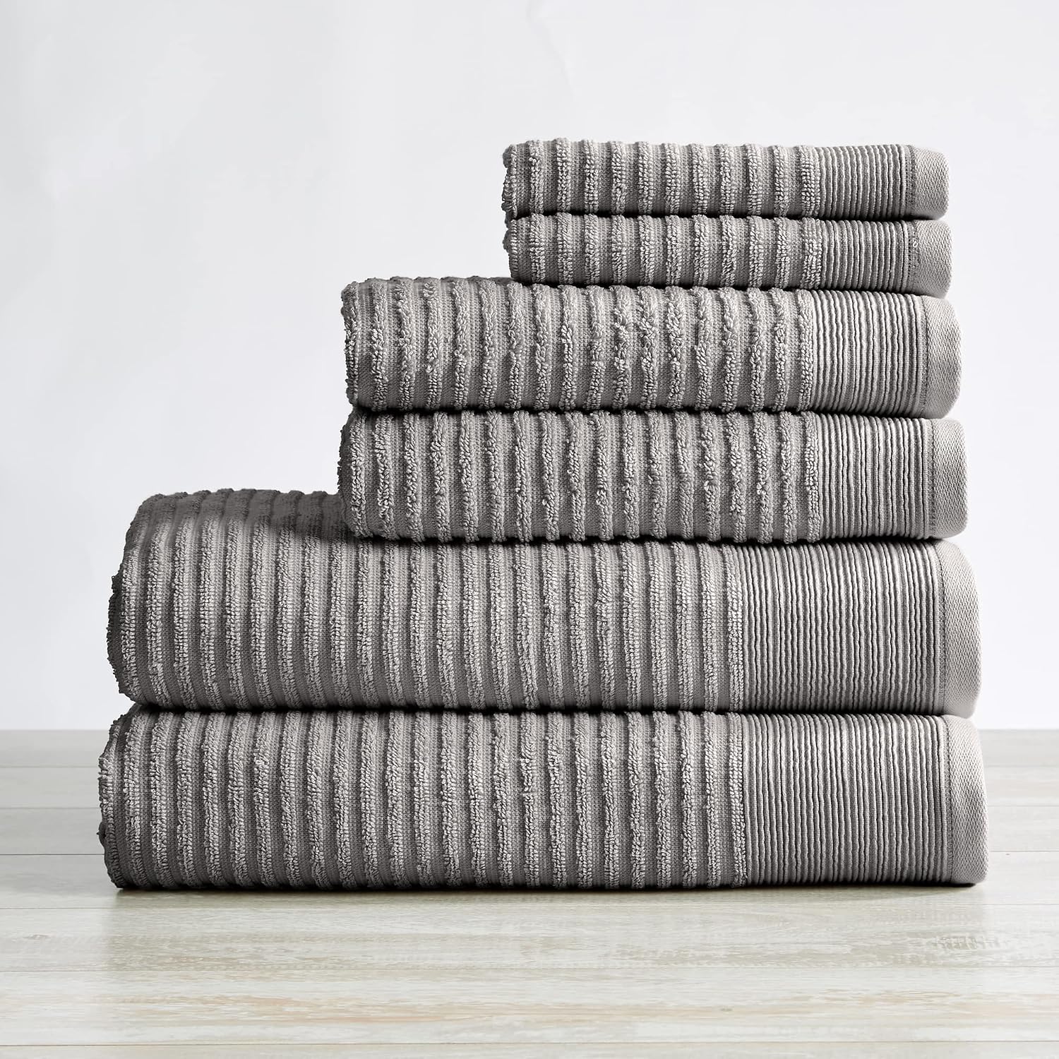 Great Bay Home 100% Cotton Ribbed Terry Bathroom Towels. Absorbent Quick-Dry Plush Bath Towels. Rori Collection (6 Piece Set, Dark Grey)