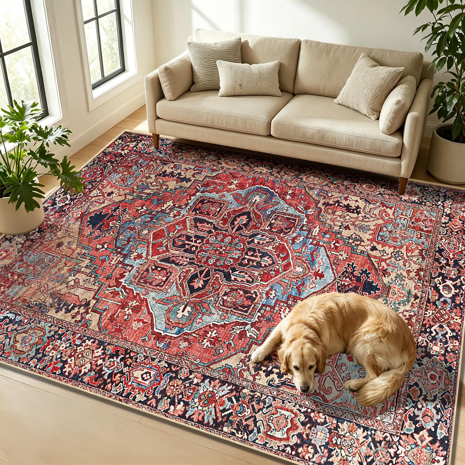 WUTONG Vintage Rugs Living Room 140x200cm Medallion Persian Style Red Rug,Short Pile Machine Washable Non Slip Area Carpet for Bedroom Dining Guest Room — image 1