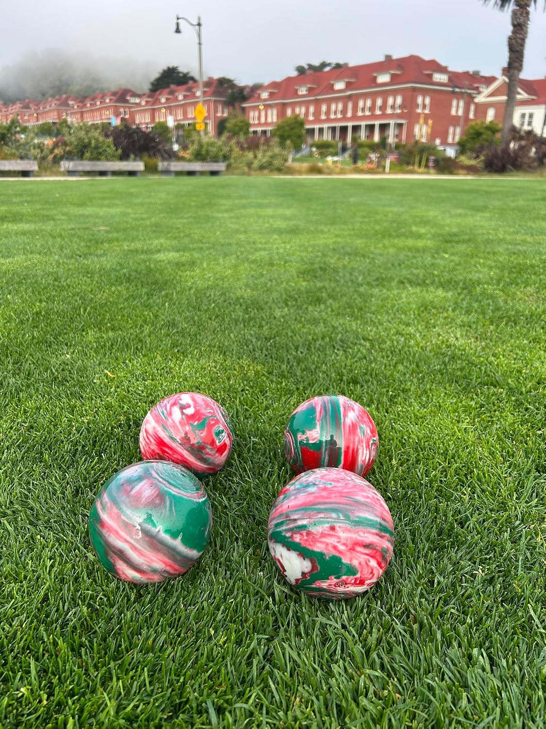 BuyBocceBalls Listing - Made in USA, Premium Quality Official Tournament 4 Ball Bocce Set, Regulation Size and Weight, 920 Grams (2 lbs. 1 oz.) - Marbleized Red, White, Green - 107mm