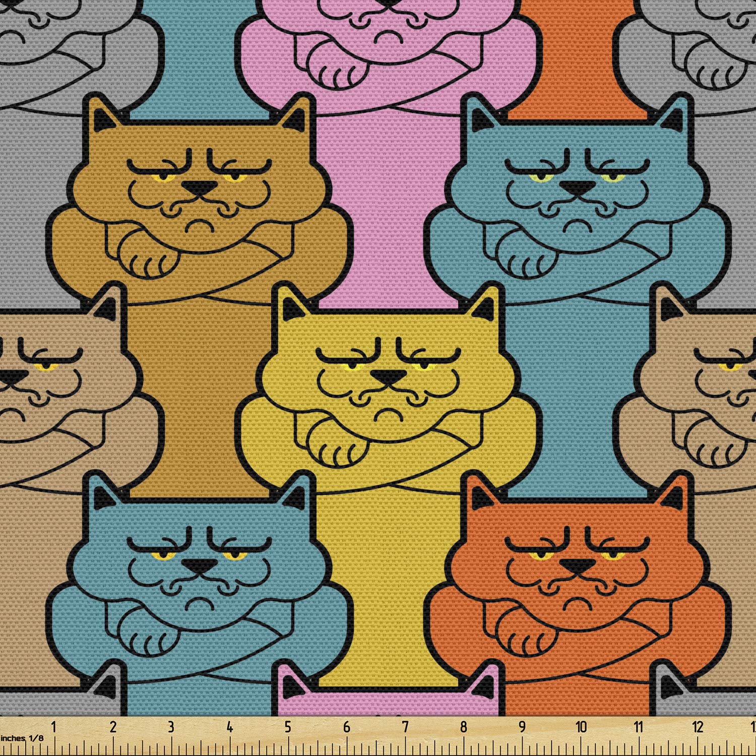 Ambesonne Funny Fabric by The Yard, Colorful Continuous Pattern of Grumpy Face Cats Cool Angry Pet Cartoon Graphic, Decorative Fabric for Upholstery and Home Accents, 1 Yard, Blue Mustard