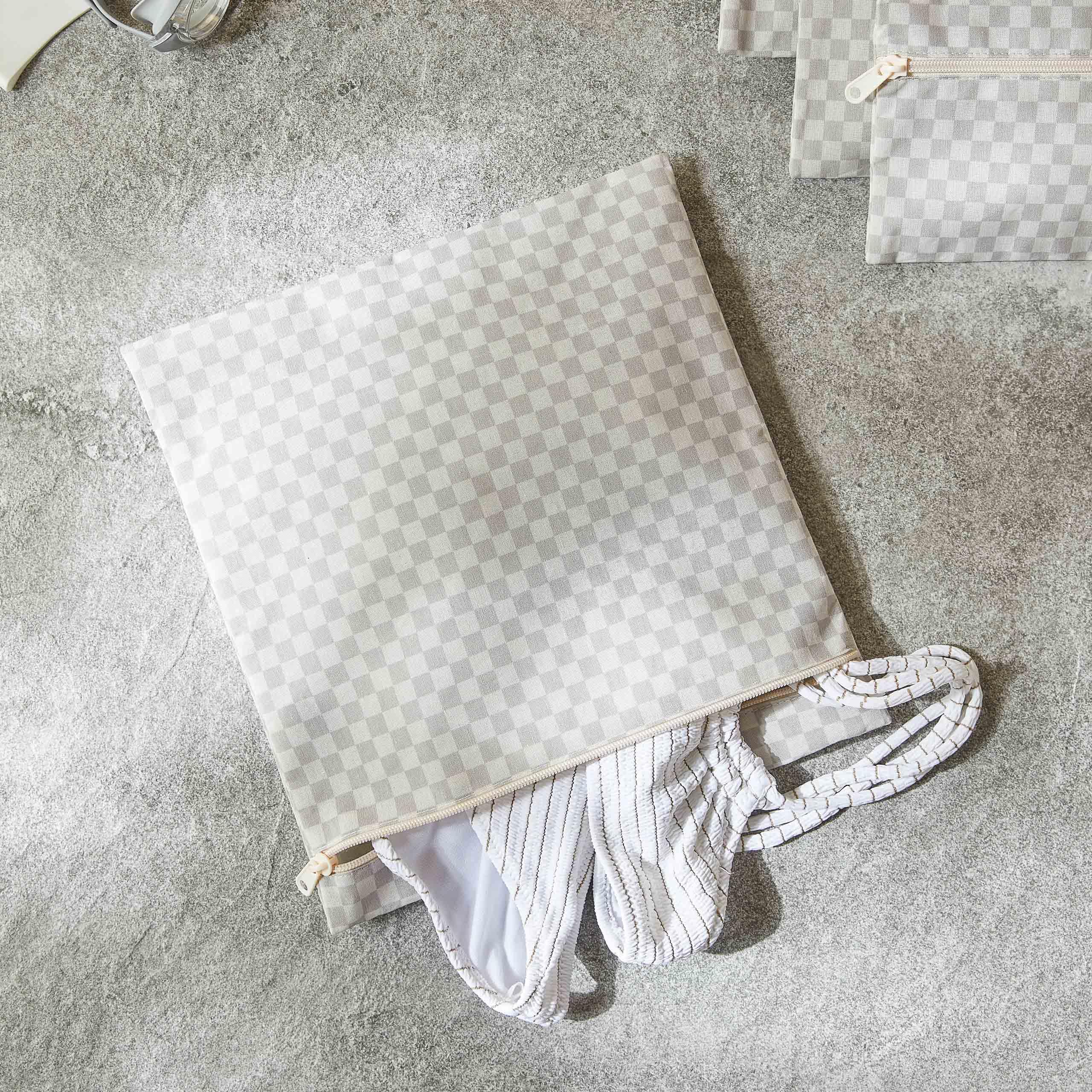 Ocean Home Textile 2'li Su Geçirmez Pvc Astarlı Gri Dama Desen Islak Kuru Çantası 28 x 30/30 x 36 cm