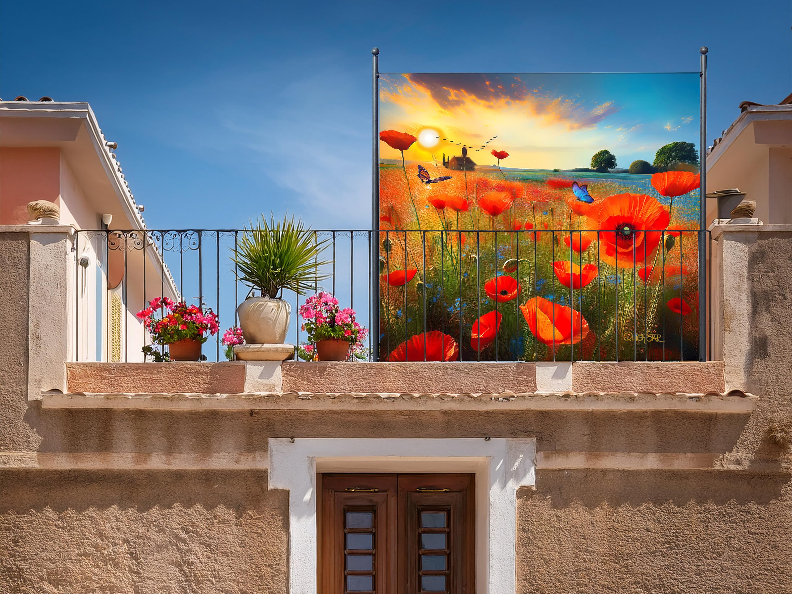 Paravent 180 x 180 cm Poppy Meadow Cloison de séparation pour balcon jardin Brise-vue