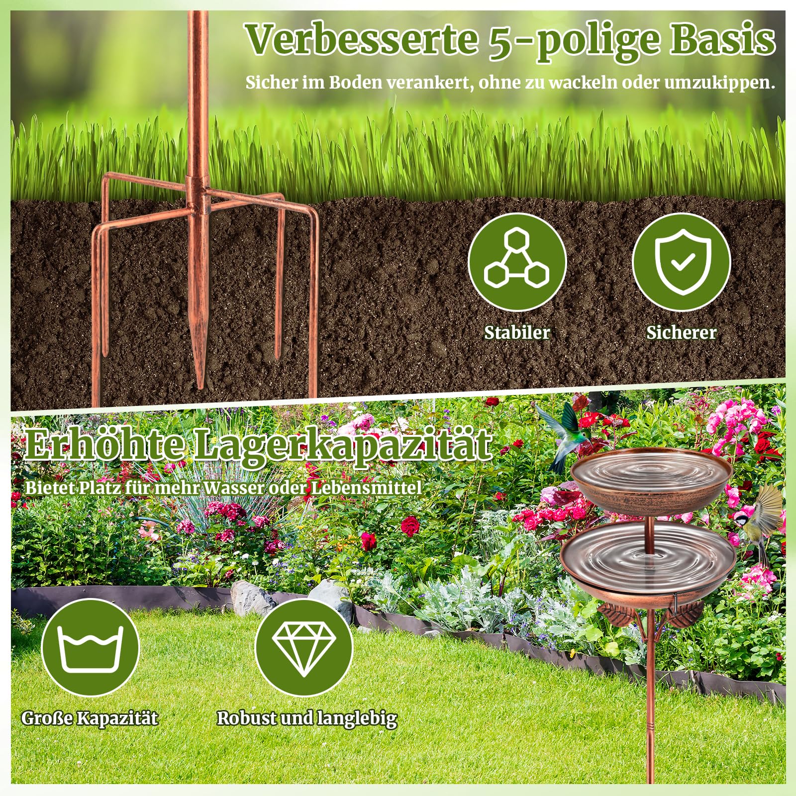 ZYNERY Metall Vogeltränke Stehend, 115cm Vogeltränke Winterfest, 2 In 1 Vogelbad für Draußen Garten, Antike Vogelfutterspender Wassertränke für Balkone, Innenhof, Garten